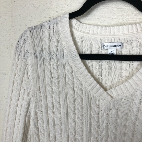 Croft&Barrow Womens Cable Knit V-Neck Sweater Size S White‎ Preppy Old Money - Picture 5 of 11